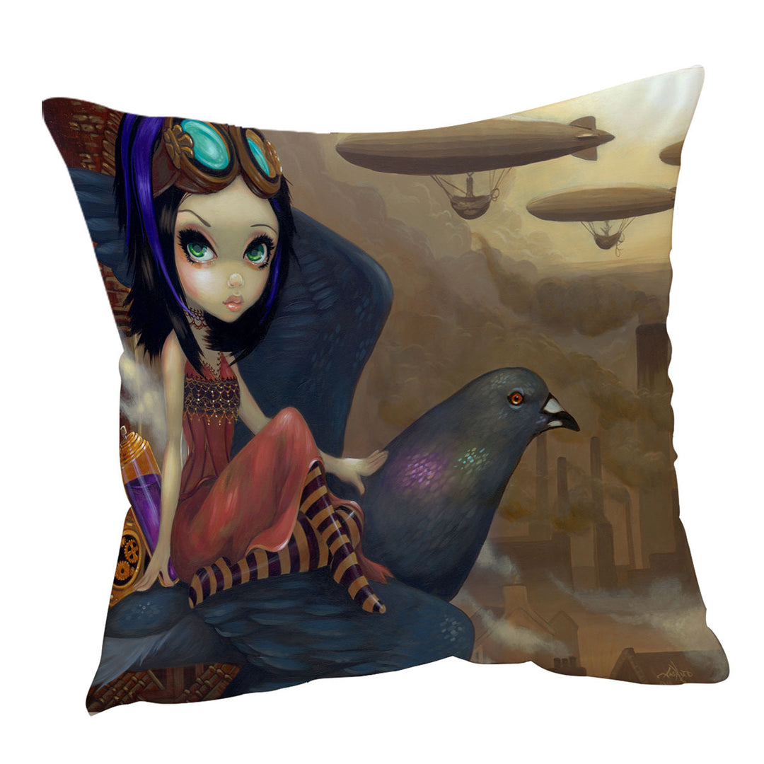 Poe a Beautiful Steampunk Flair Girl on a Pigeon Cushion Covers