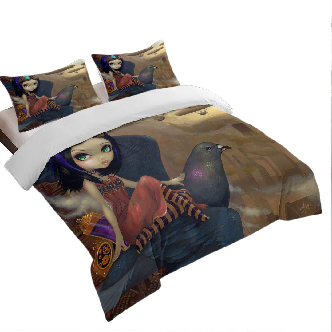 Poe a Beautiful Steampunk Flair Girl on a Pigeon Queen Size Duvet Cover