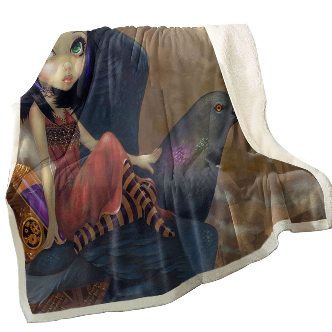 Poe a Beautiful Steampunk Flair Girl on a Pigeon Sherpa Blanket