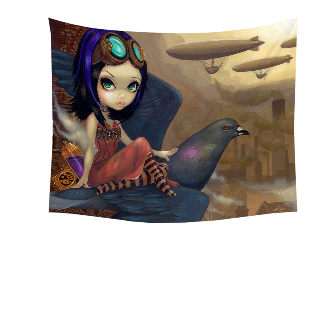 Poe a Beautiful Steampunk Flair Girl on a Pigeon Tapestry