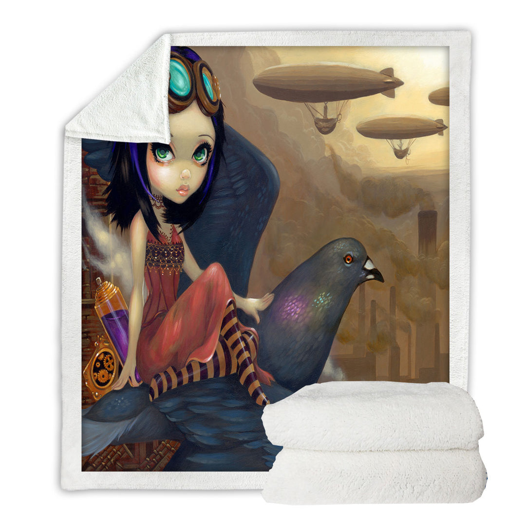 Poe a Beautiful Steampunk Flair Girl on a Pigeon Throw Blanket