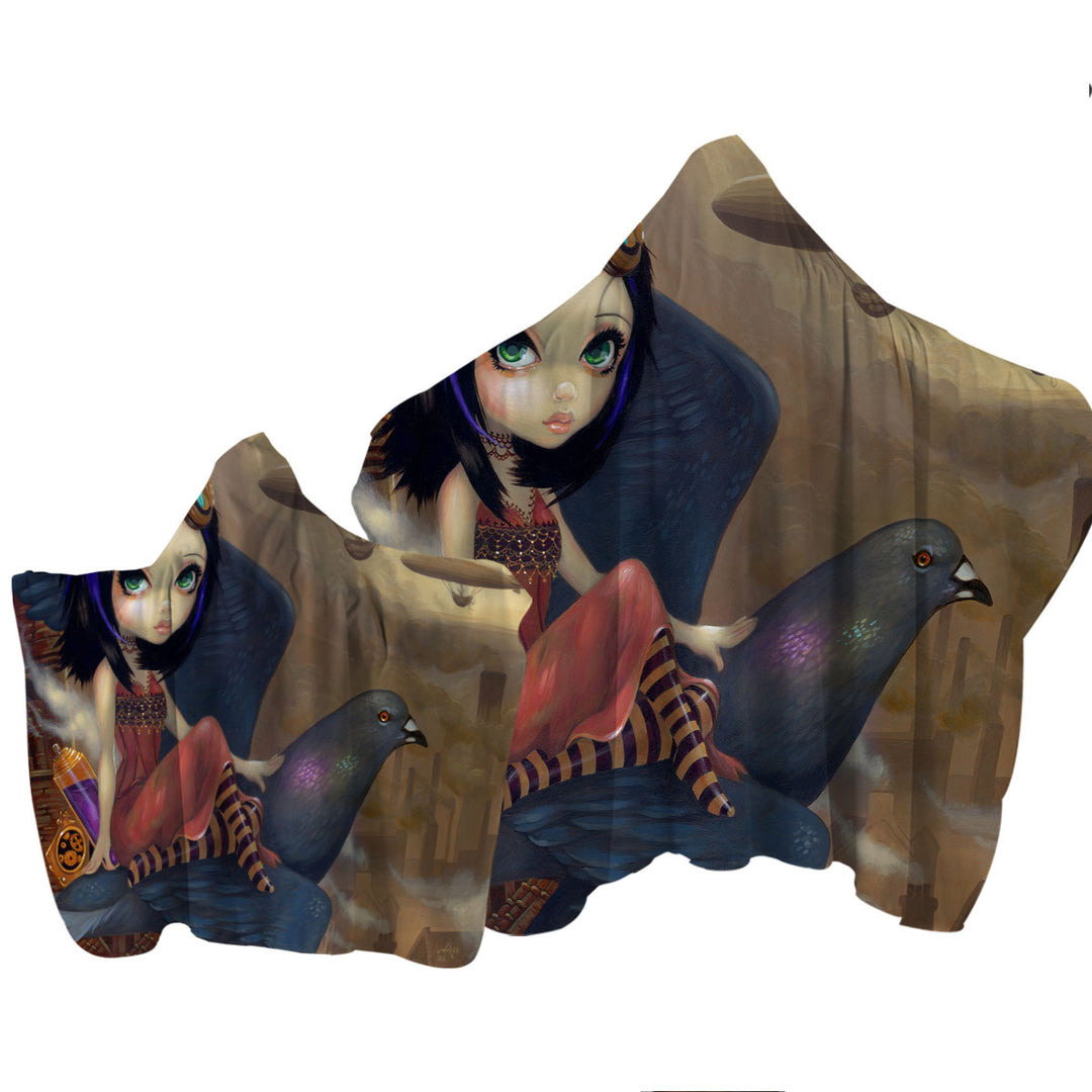 Poe a Beautiful Steampunk Flair Girl on a Pigeon Towel Hoodie