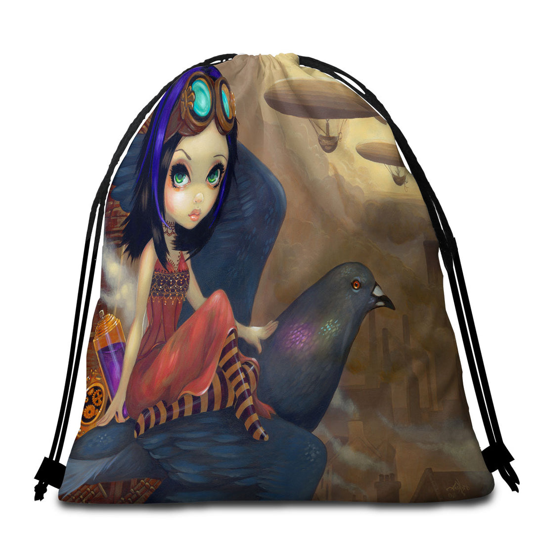 Poe a Beautiful Steampunk Flair Girl on a Pigeon Travel Beach Towel