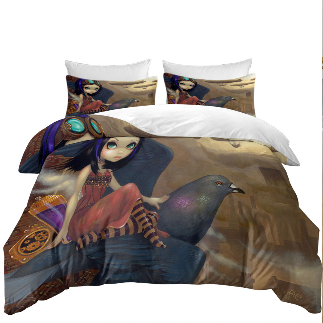 Poe a Beautiful Steampunk Flair Girl on a Pigeon Twin Duvet Covers