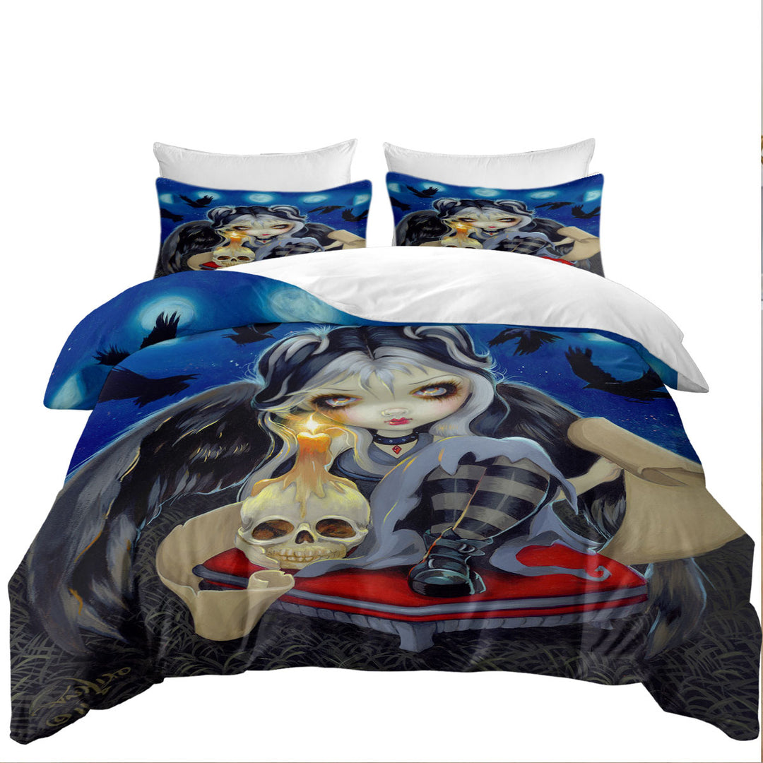 Poe the Raven Skull Candle and Dark Winged Girl California King Duvet Cover