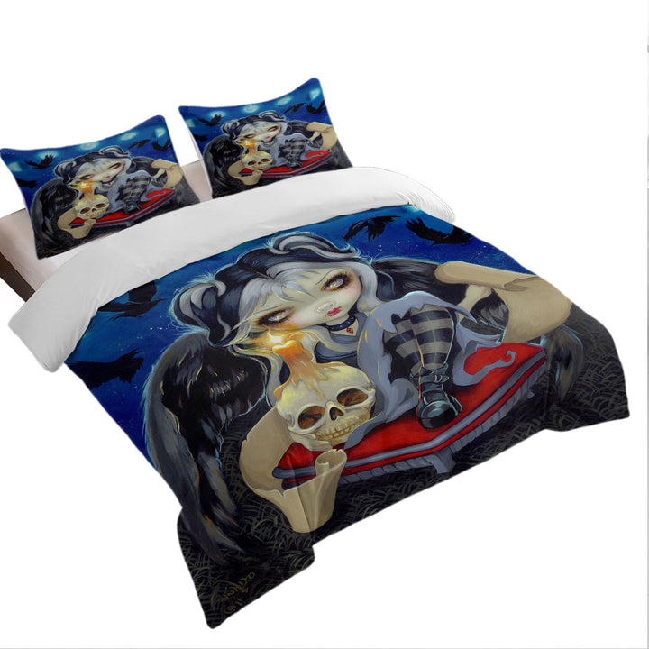 Poe the Raven Skull Candle and Dark Winged Girl Coverlets