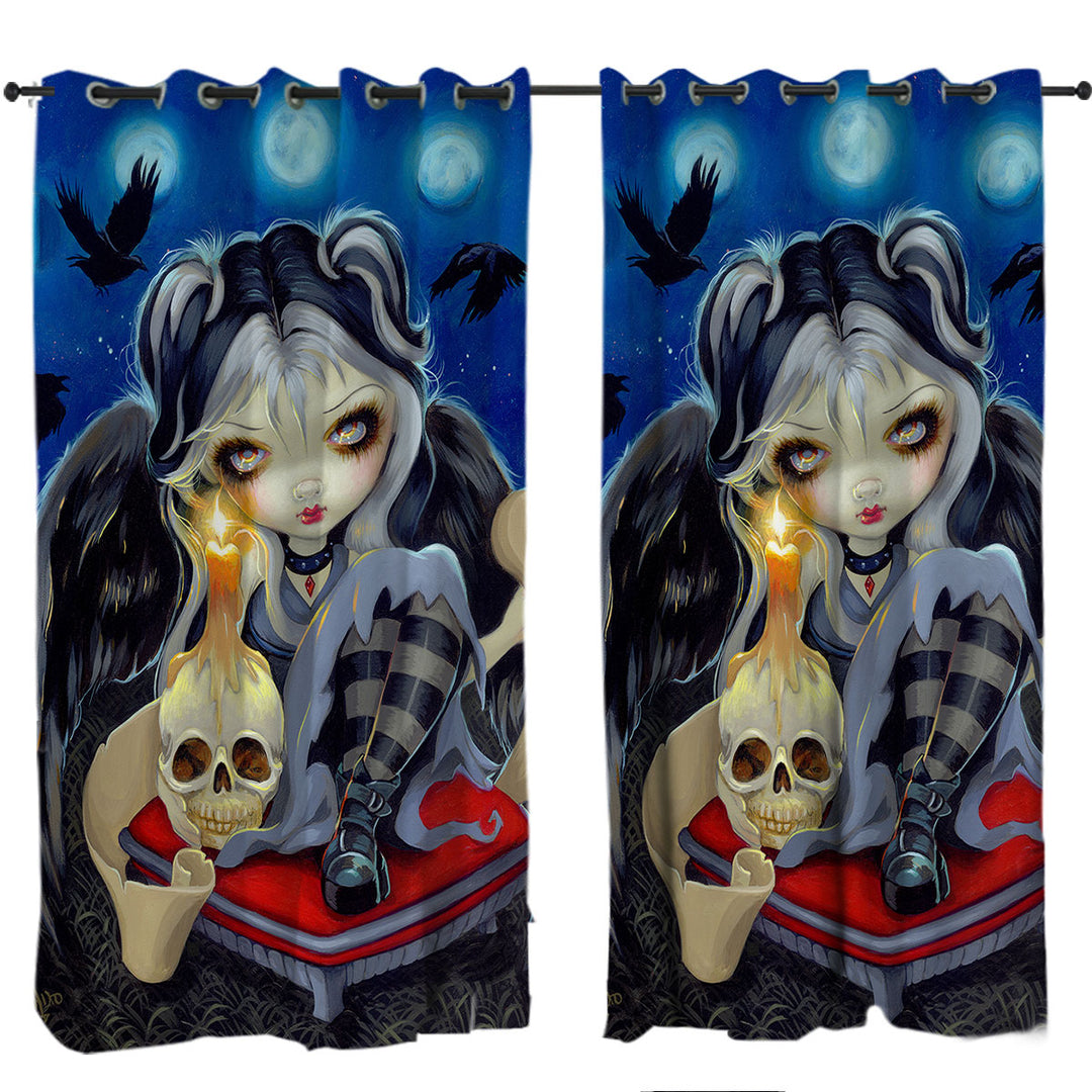 Poe the Raven Skull Candle and Dark Winged Girl Drapes