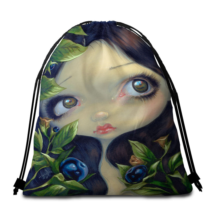 Poisonous Beauties Belladonna Girl with Berries Packable Beach Towel