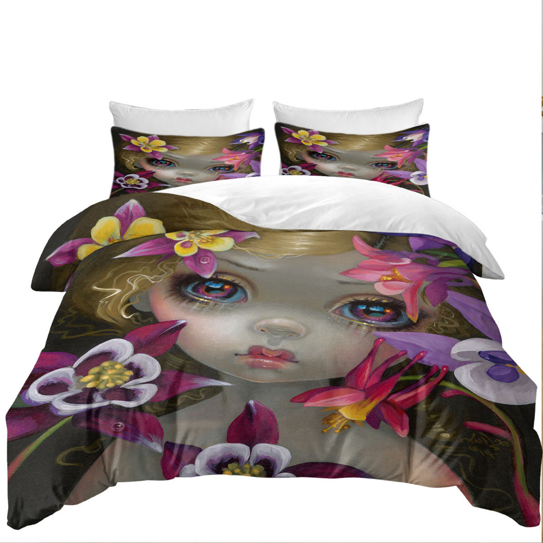 Poisonous Beauties Columbine Girl with Flowers Duvet Cover Queen