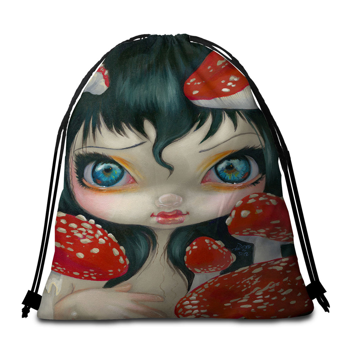 Poisonous Beauties Fly Agaric Girl and Mushrooms Beach Towels