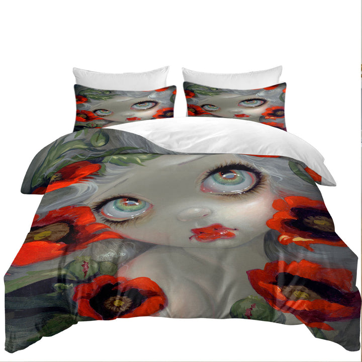 Poisonous Beauties Opium Poppy Girl and Flowers King Quilt Cover