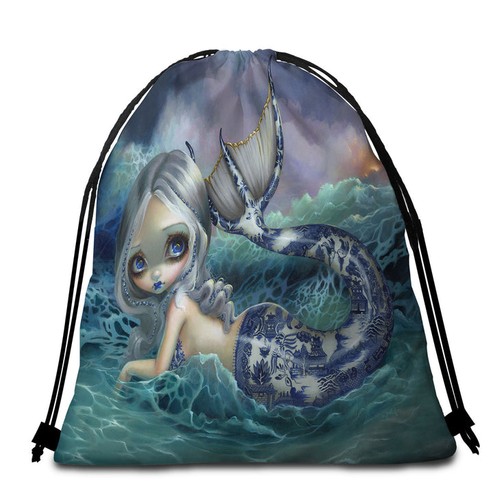 Porcelina the Blue Willow Porcelain Tailed Mermaid Cool Beach Towels