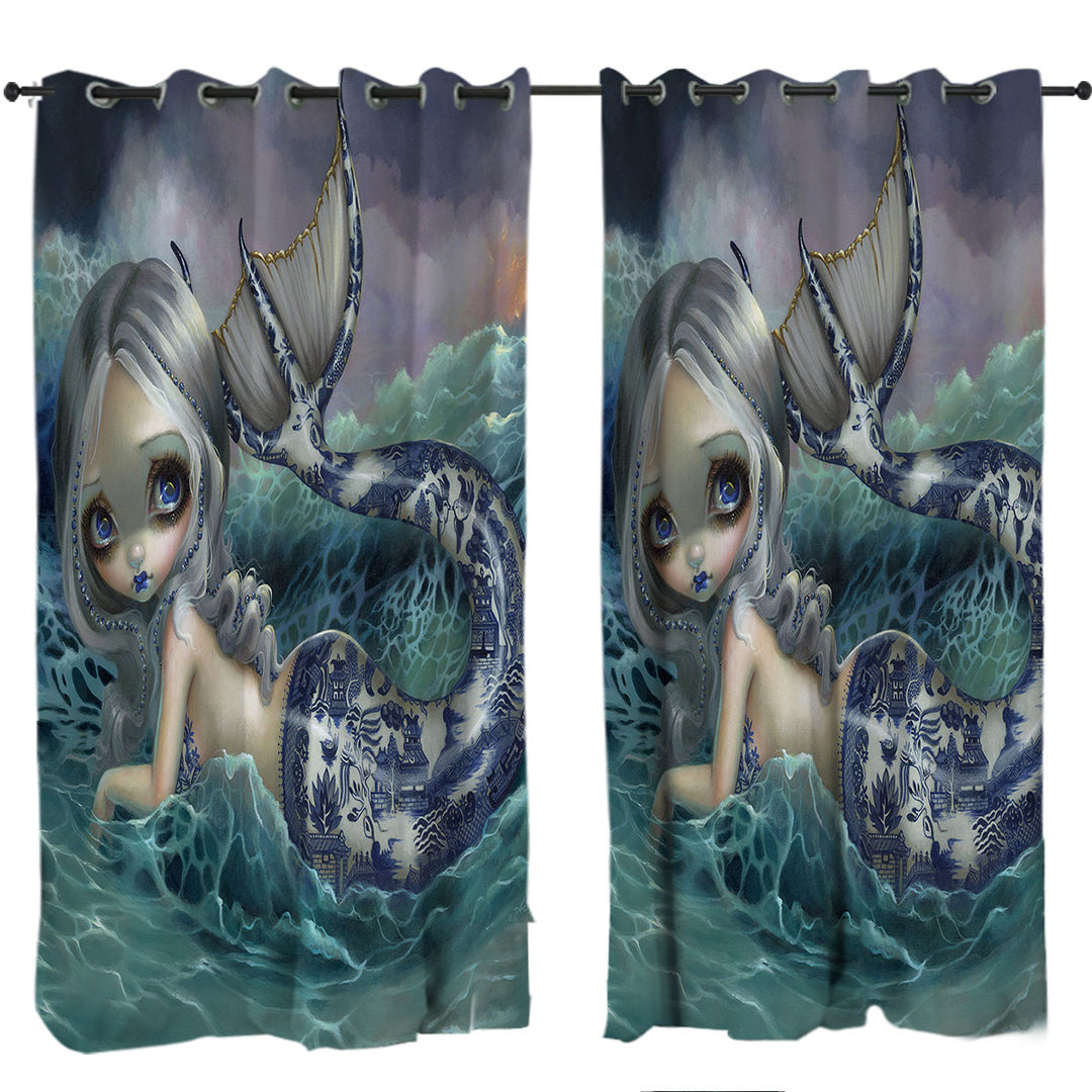 Porcelina the Blue Willow Porcelain Tailed Mermaid Eyelet Curtains