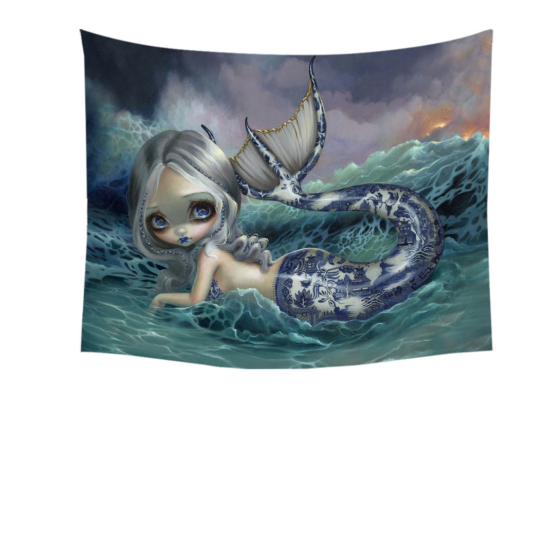 Porcelina the Blue Willow Porcelain Tailed Mermaid Tapestry Wall Decor Prints