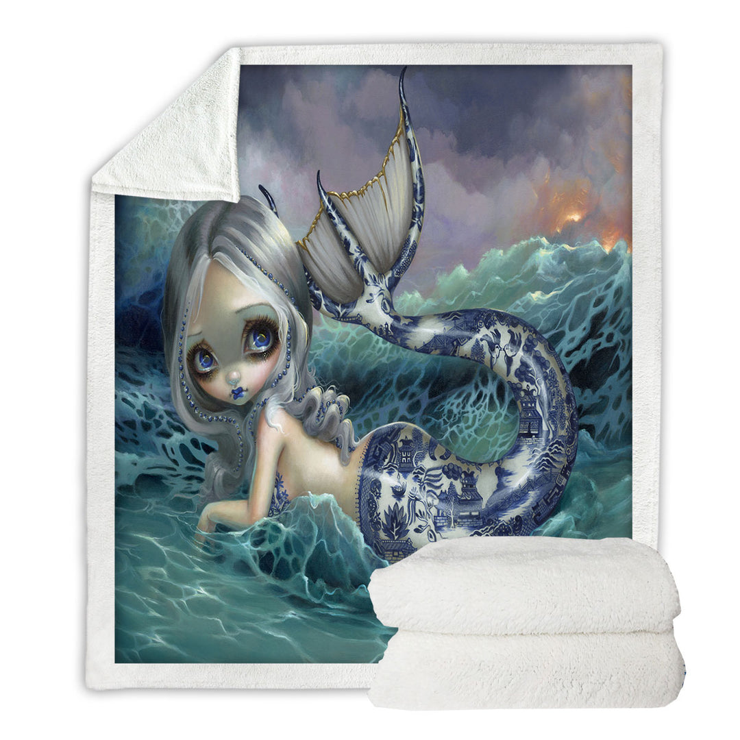 Porcelina the Blue Willow Porcelain Tailed Mermaid Throw Blanket