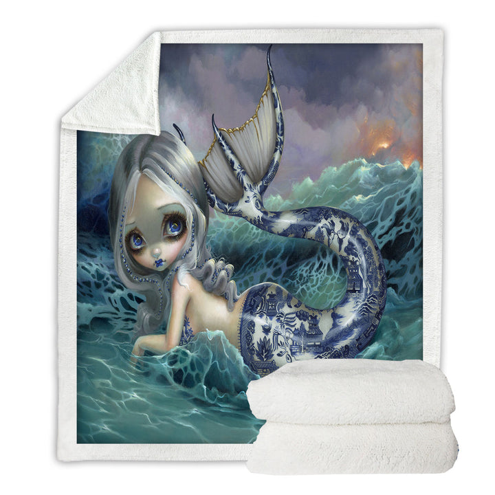 Porcelina the Blue Willow Porcelain Tailed Mermaid Throw Blanket