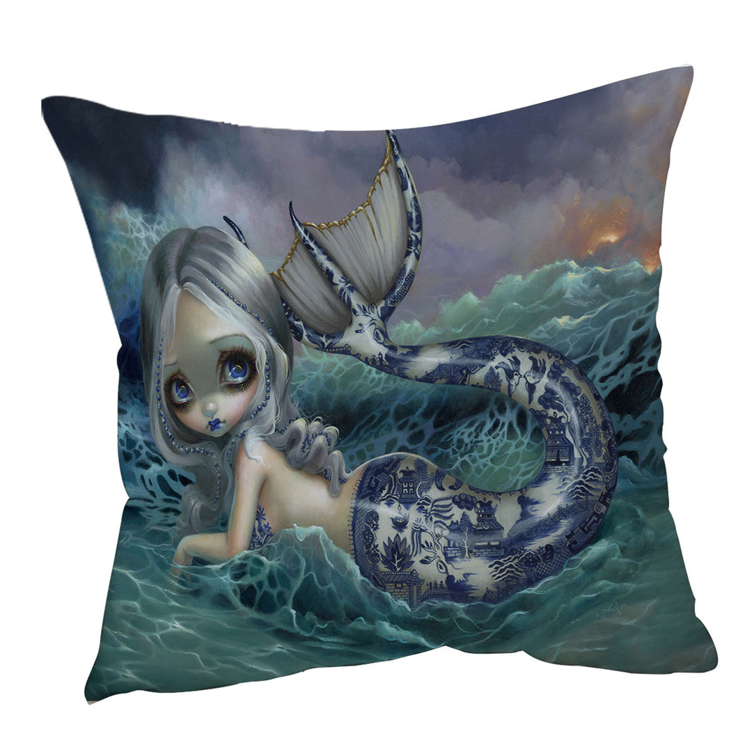 Porcelina the Blue Willow Porcelain Tailed Mermaid Throw Cushions