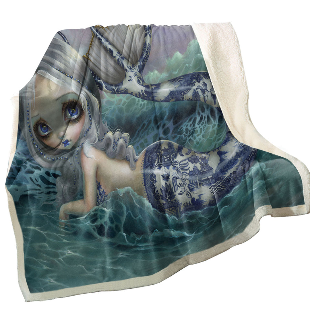 Porcelina the Blue Willow Porcelain Tailed Mermaid Throws