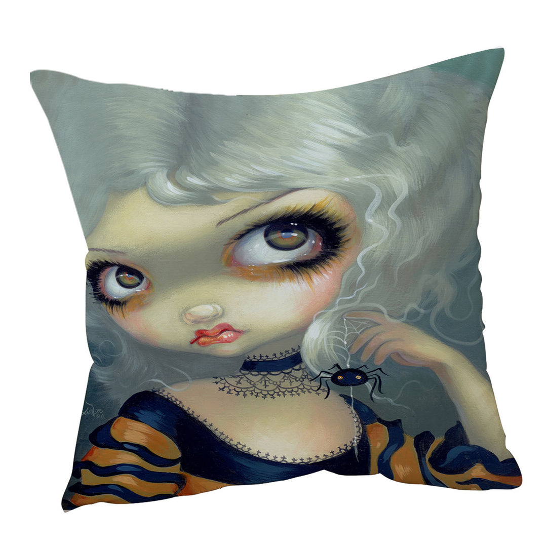 Portrait With Spiderling Big Eyed Beauty Goth Girl Cushion Covers