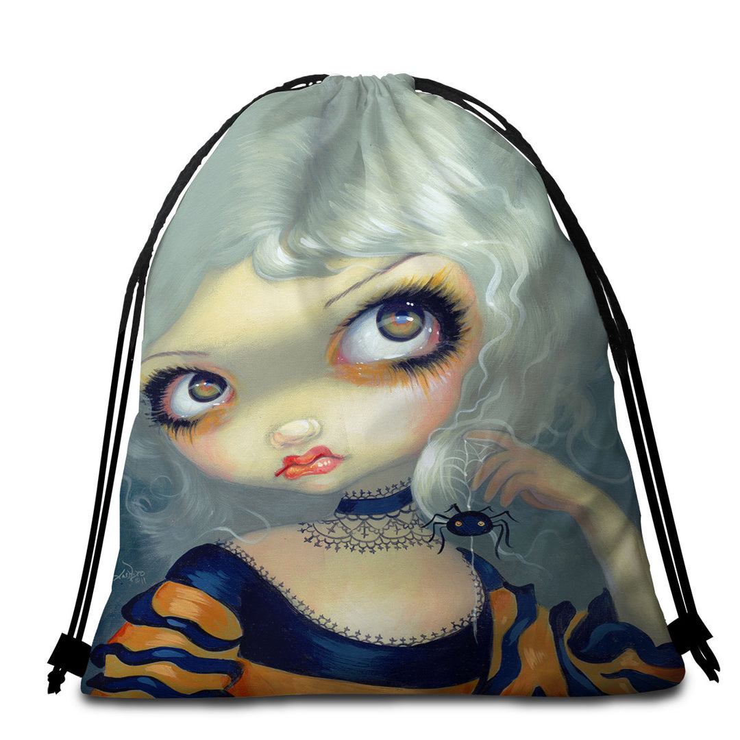 Portrait With Spiderling Big Eyed Beauty Goth Girl Packable Beach Towel