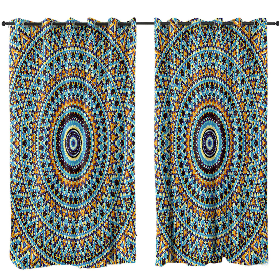 Powerful Blue Black Orange Mandala Curtain