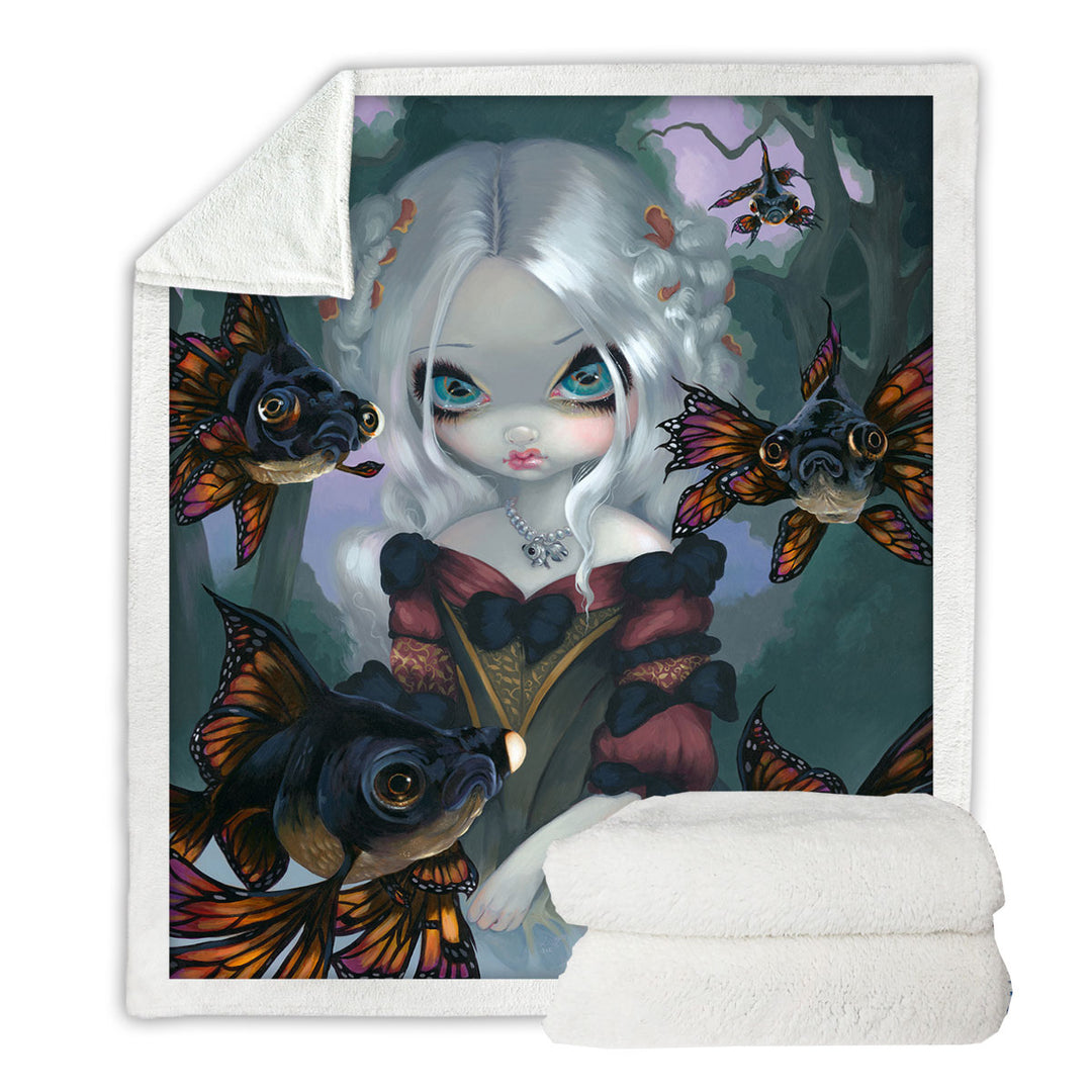 Pretty Girl Throw Blanket and the Black Moor Goldfish Butterfly