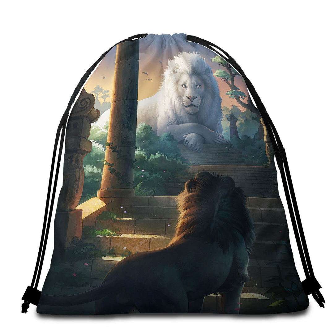 Printed Beach Towels and Bags Set with Lion Temple Animal Painting Lions