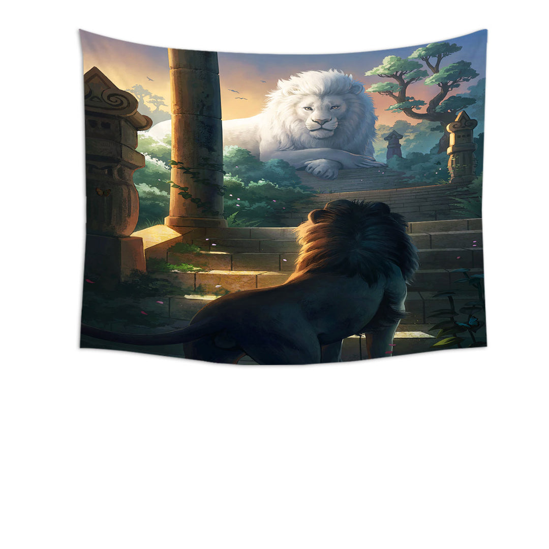 Printed Tapestry Wall Decor with Lion Temple Animal Painting Lions