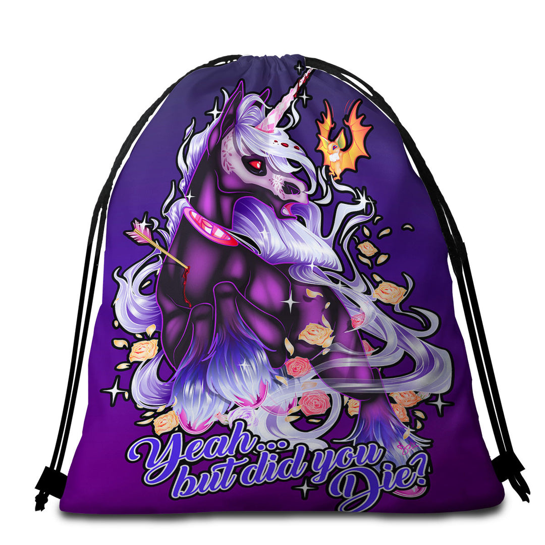 Purple Beach Bags and Towels Fantasy Art Dying Rudicorn Cool Quote