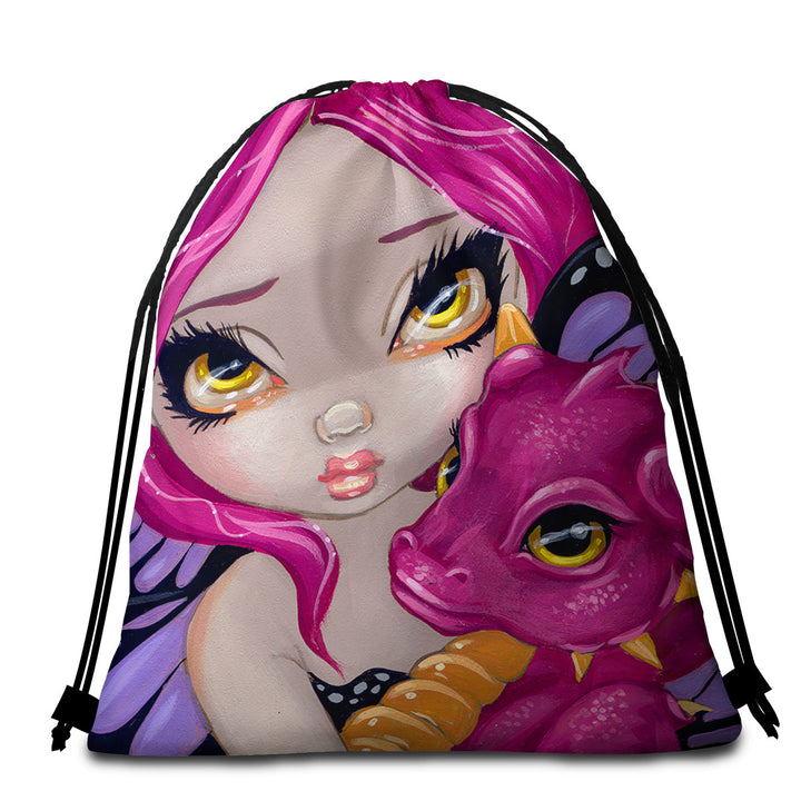 Purple Packable Beach Towel Faces of Faery _24 Cute Purple Baby Dragon