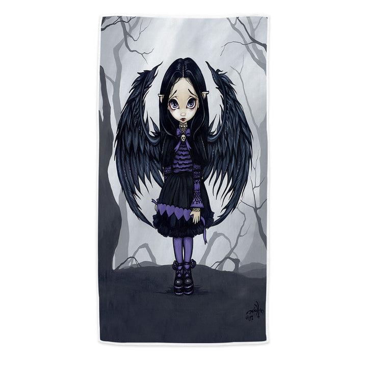 Purple Paper Hearts Gothic Angel in a Scary Forest Beach Towels