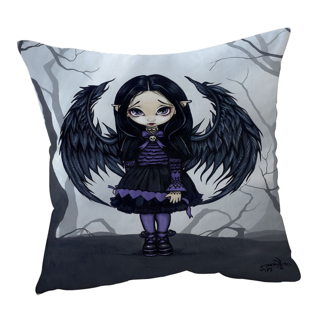 Purple Paper Hearts Gothic Angel in a Scary Forest Cushion Cover