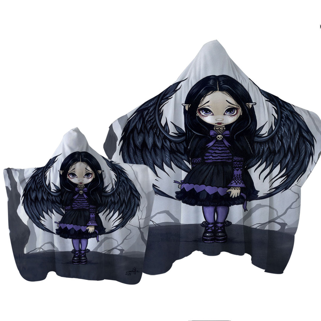 Purple Paper Hearts Gothic Angel in a Scary Forest Hooded Beach Towel