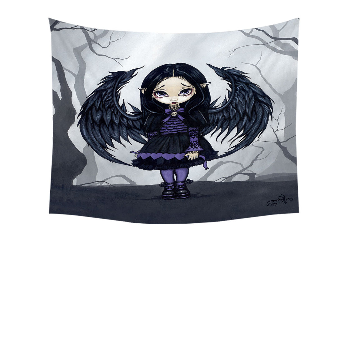 Purple Paper Hearts Gothic Angel in a Scary Forest Tapestry