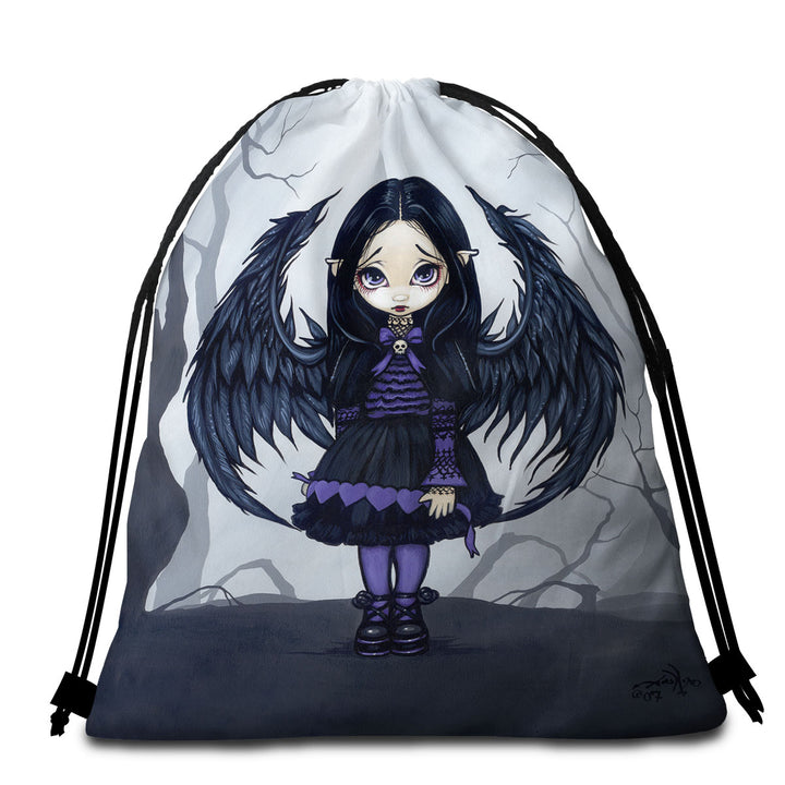 Purple Paper Hearts Gothic Angel in a Scary Forest Travel Beach Towel