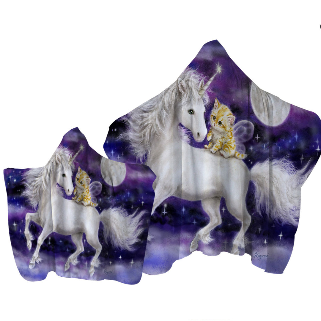 Purple Space Unicorn and Ginger Kitten Hooded Beach Towel