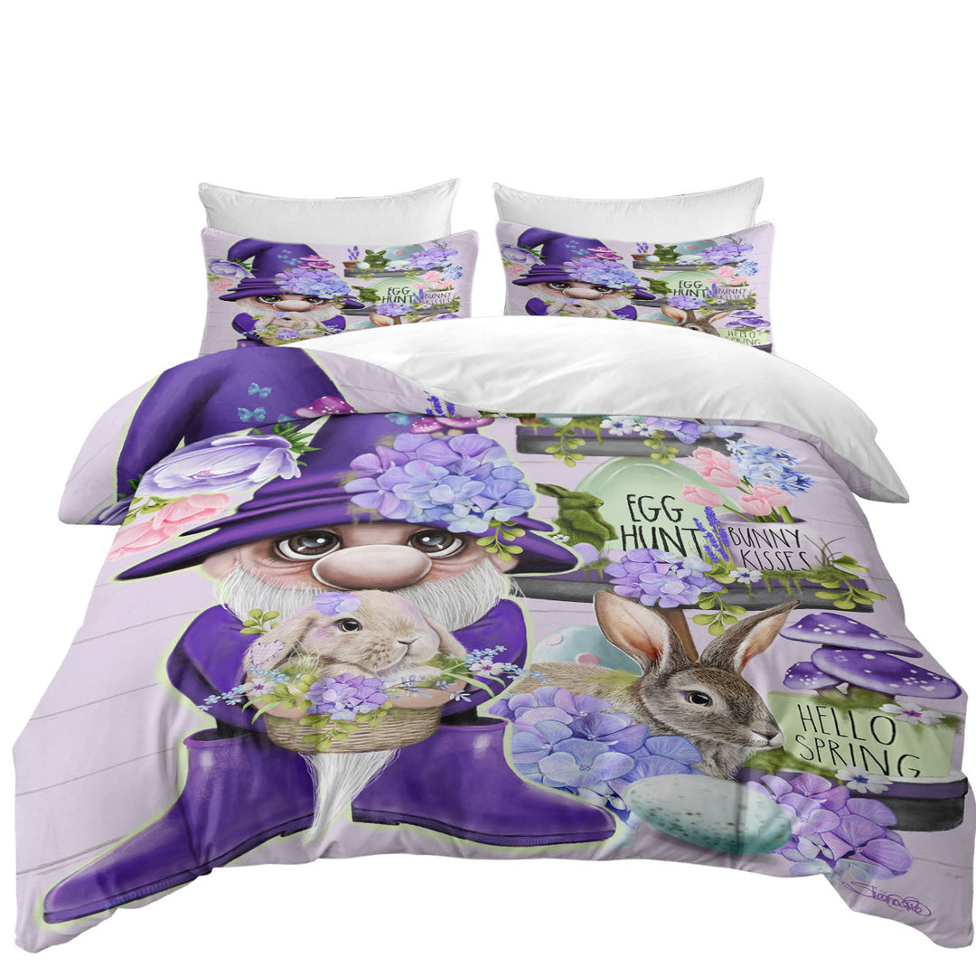 Purple Spring Gnome and Bunnies Duvet Cover sale