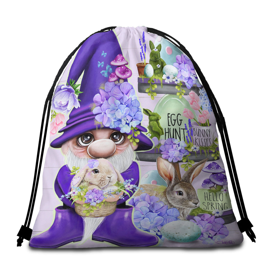 Purple Spring Gnome and Bunnies Packable Beach Towel