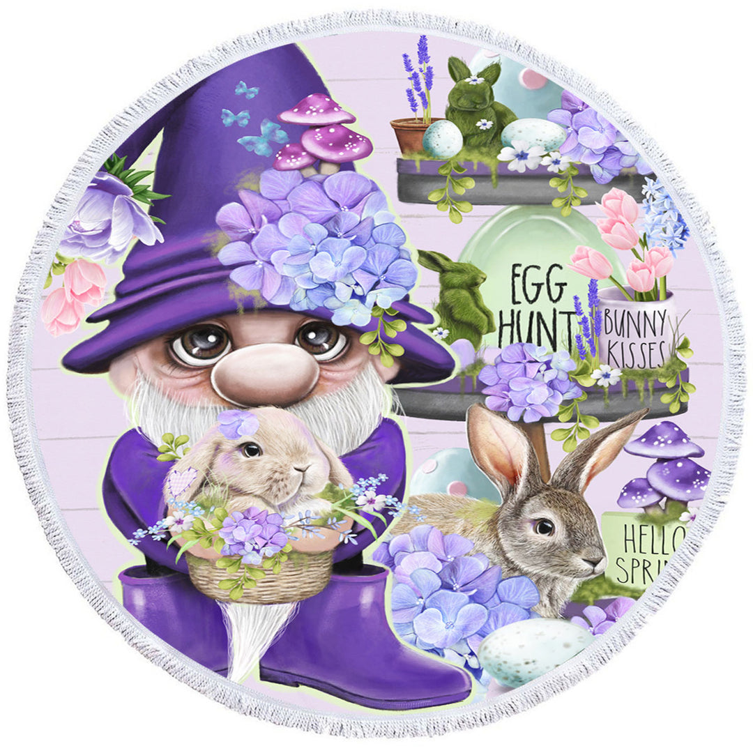 Purple Spring Gnome and Bunnies Round Beach Towel