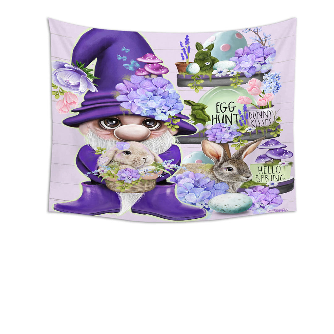 Purple Spring Gnome and Bunnies Wall Decor Tapestry Hanging for Easter