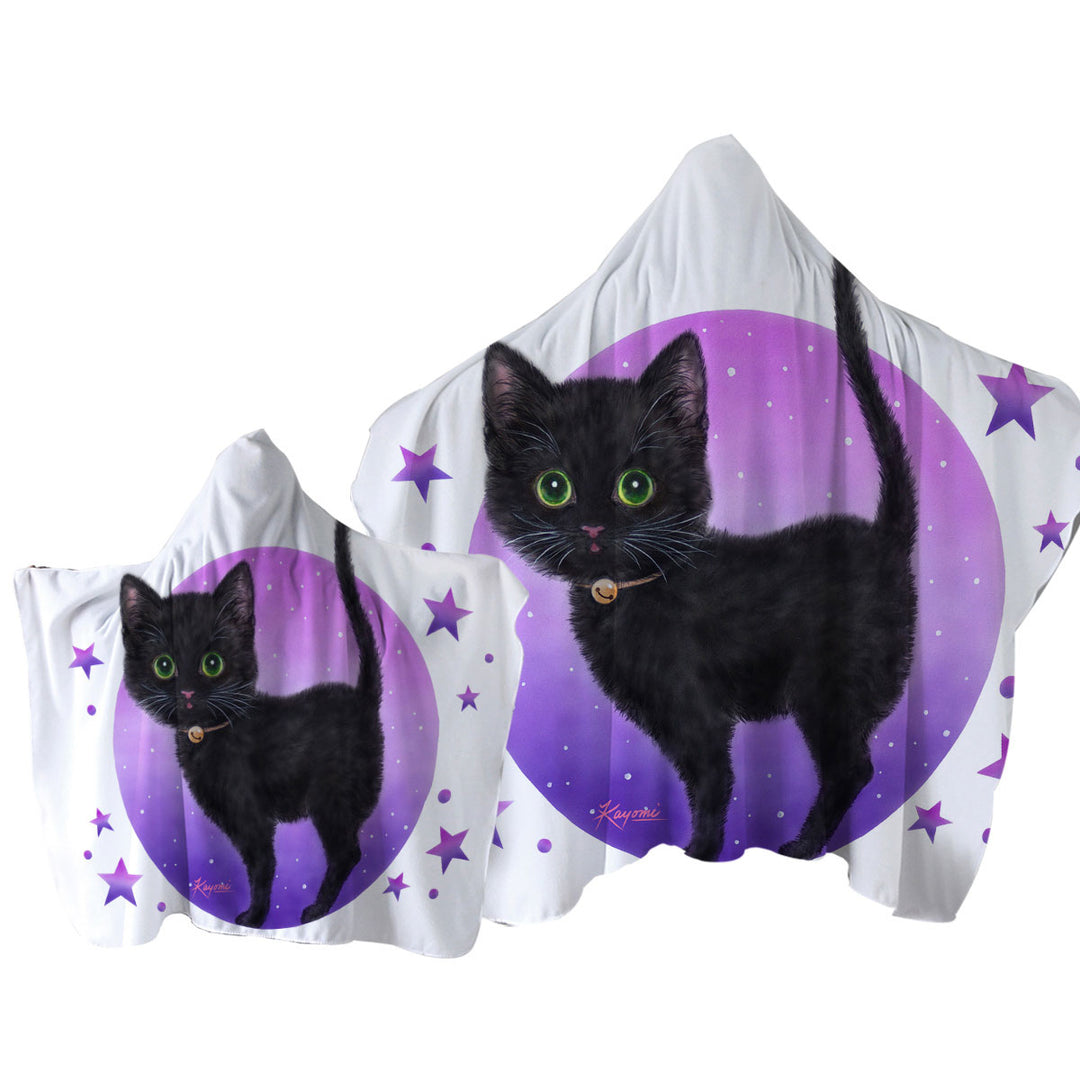 Purple Stars Full Moon and Black Kitty Cat Hooded Beach Towel