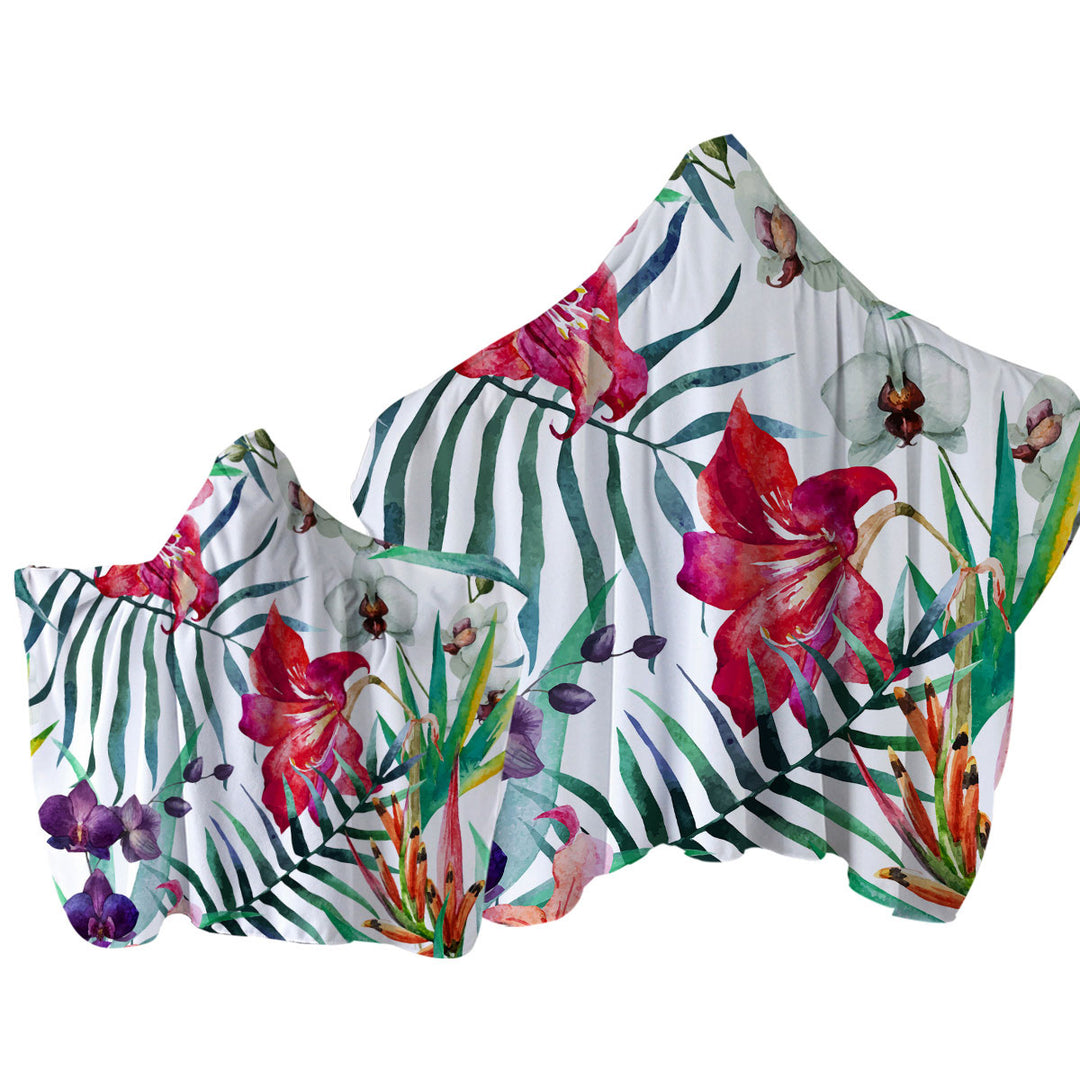 Purple White Orchid and Red Hibiscus Flowers Hooded Beach Towel