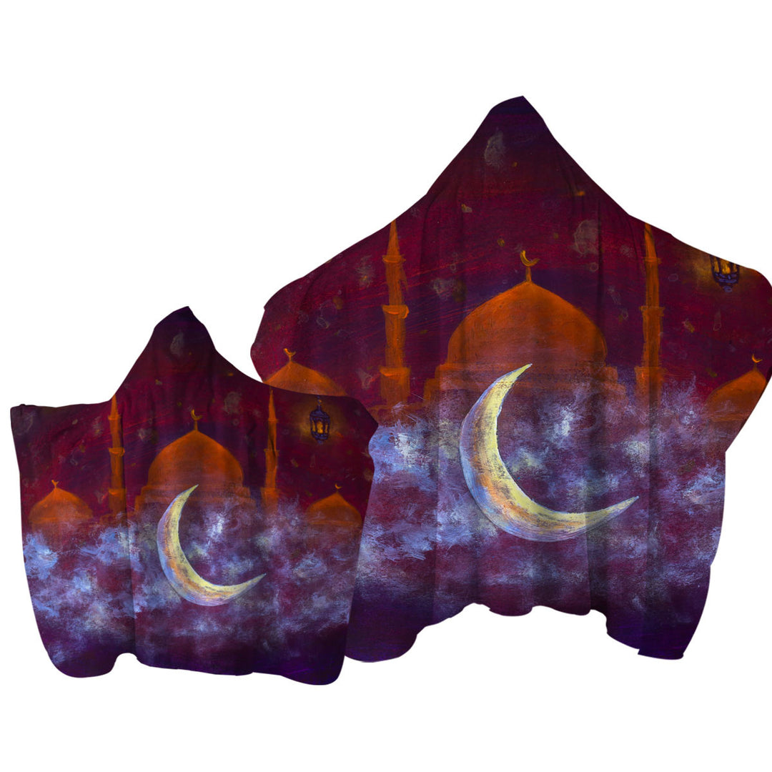 Purplish Art Painting Mosque and Crescent Moon Towel with Hood