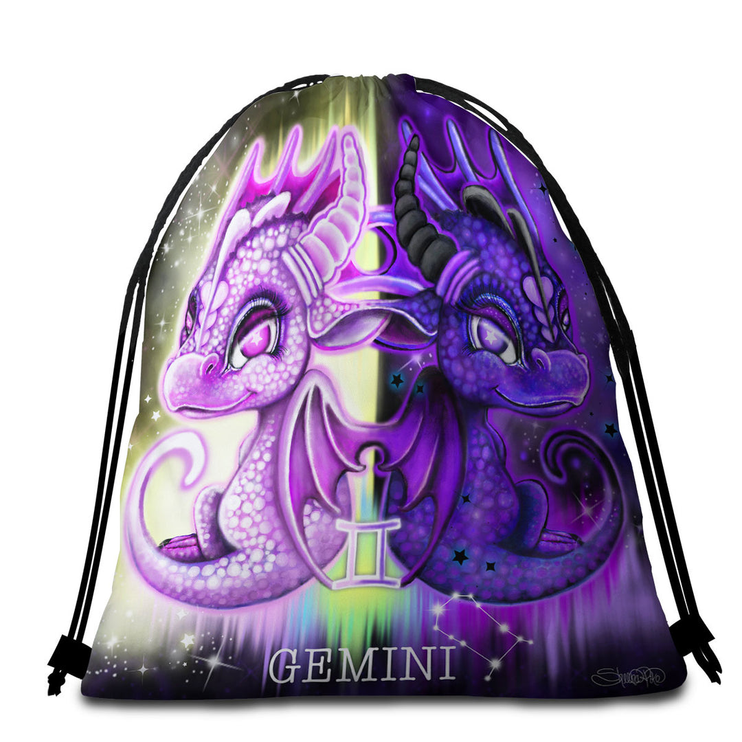 Purplish Cute Gemini Lil Dragons Beach Towels and Bags Set