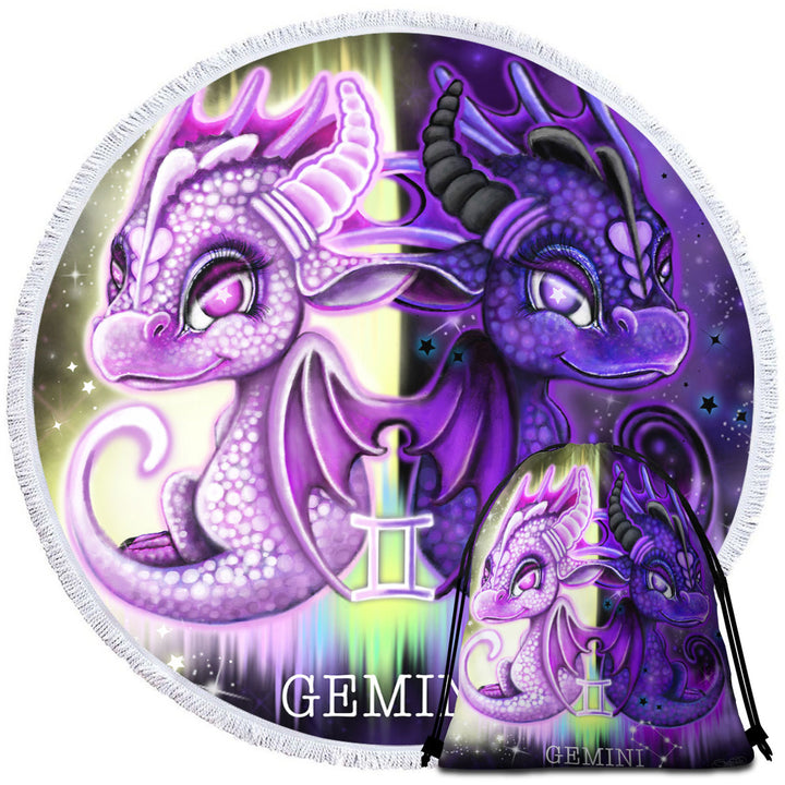 Purplish Cute Gemini Lil Dragons Circle Beach Towel