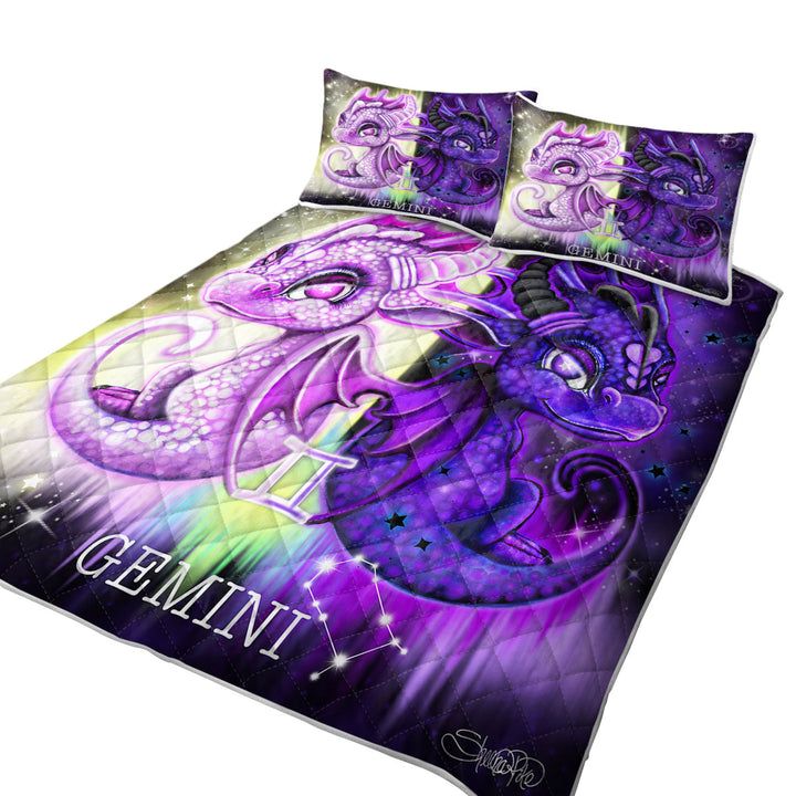 Purplish Cute Gemini Lil Dragons King Size Quilt Sets