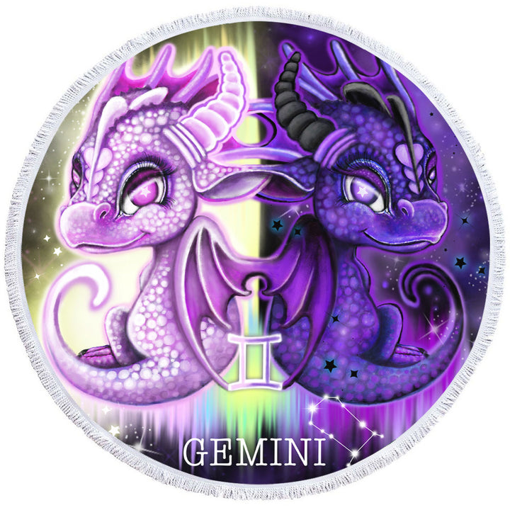 Purplish Cute Gemini Lil Dragons Round Beach Towel