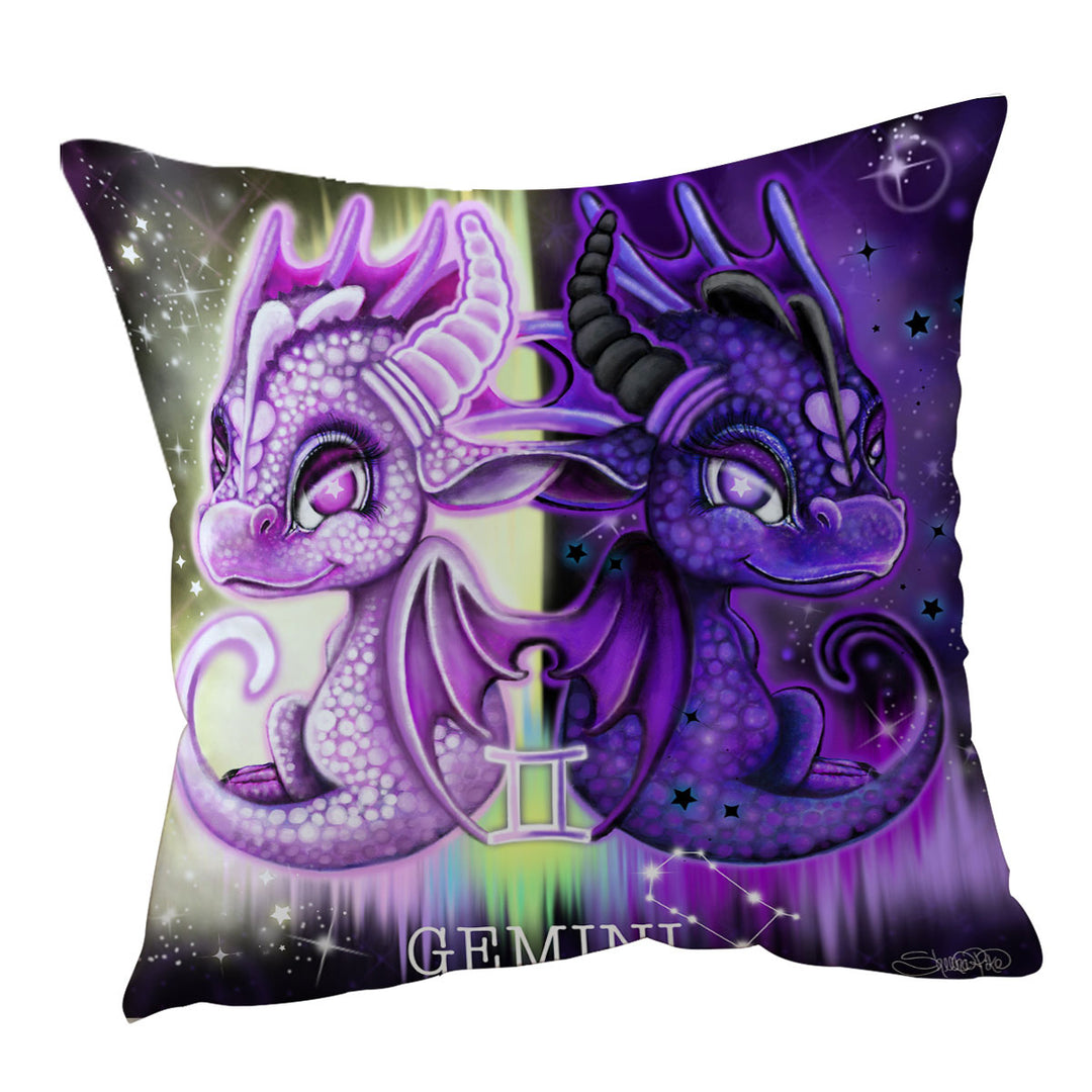 Purplish Cute Gemini Lil Dragons Throw Pillows