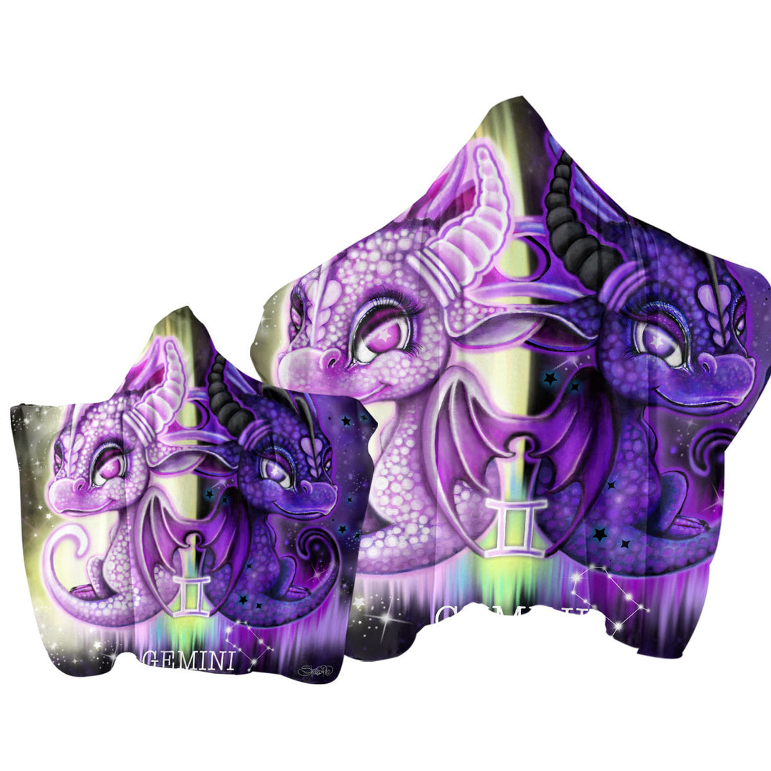 Purplish Cute Gemini Lil Dragons Towel with Hood