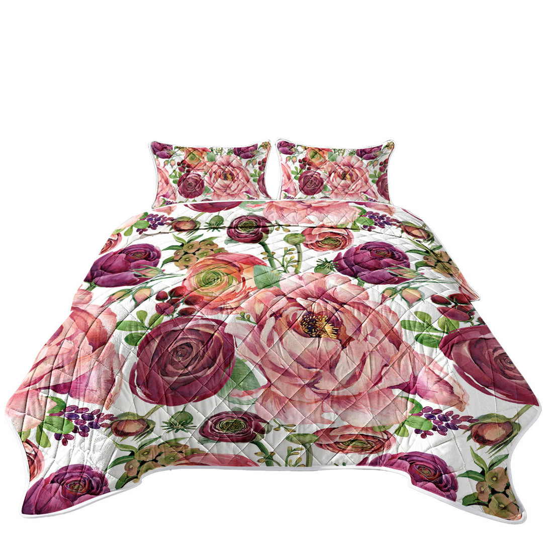 Purplish Red Floral Coverlet